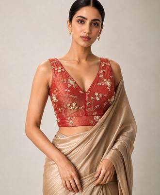 Red embroidered padded v neck designer saree blouse 1