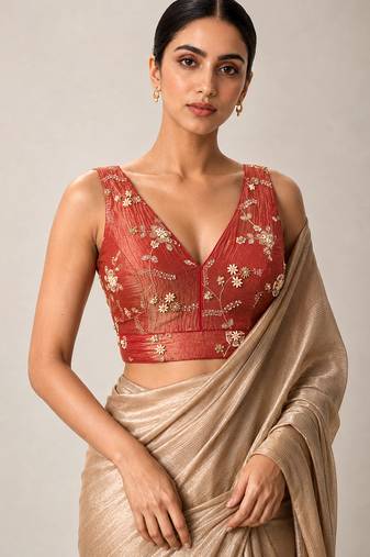 Red embroidered padded v neck designer saree blouse