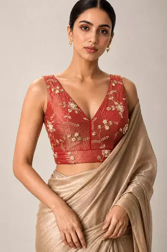 Red embroidered padded v neck designer saree blouse