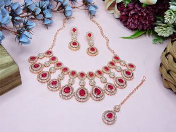 Pink rose gold premium designer american diamond and stone work necklace set 3