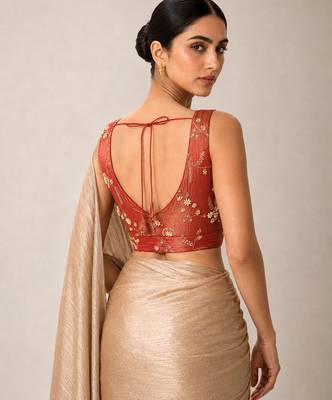 Red embroidered padded v neck designer saree blouse 2