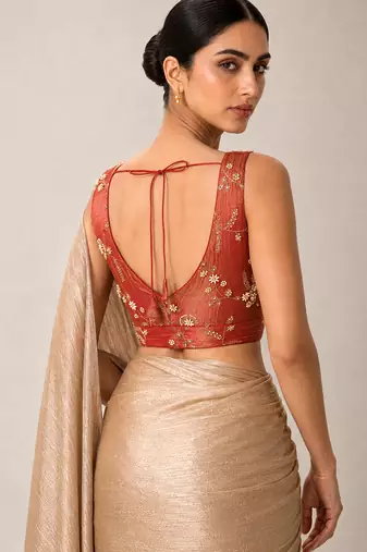 Red embroidered padded v neck designer saree blouse
