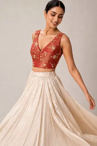 Red embroidered padded v neck designer saree blouse
