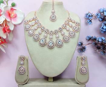 White rose gold premium designer american diamond and stone work necklace set 1
