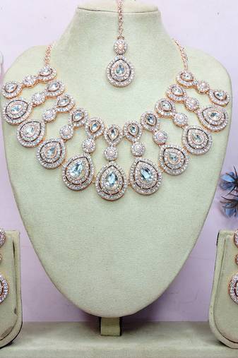 White rose gold premium designer american diamond and stone work necklace set