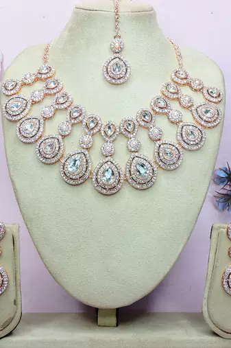 White rose gold premium designer american diamond and stone work necklace set
