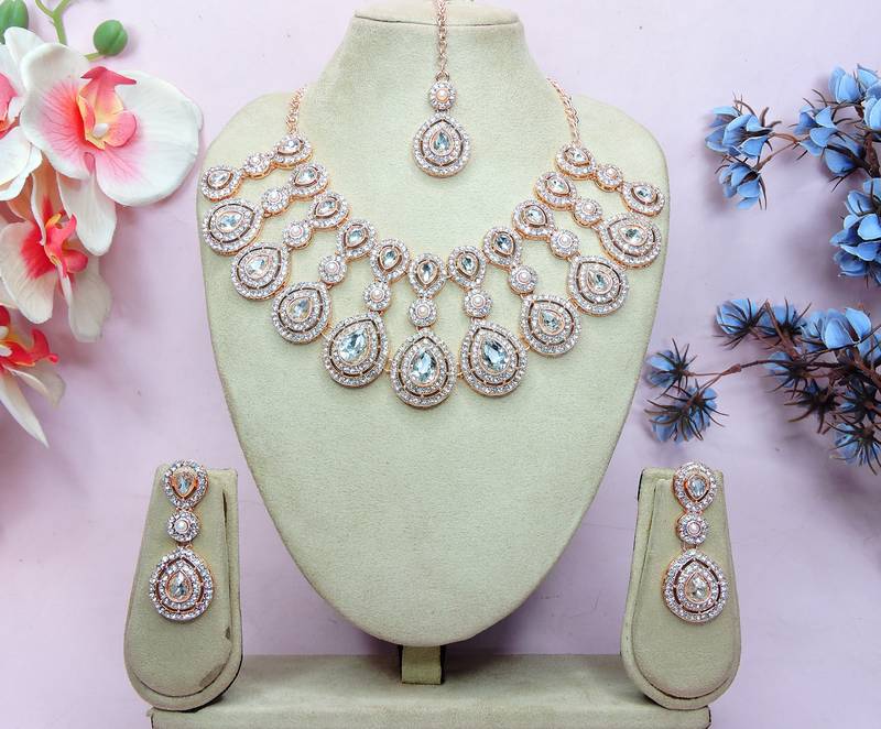 White rose gold premium designer american diamond and stone work necklace set