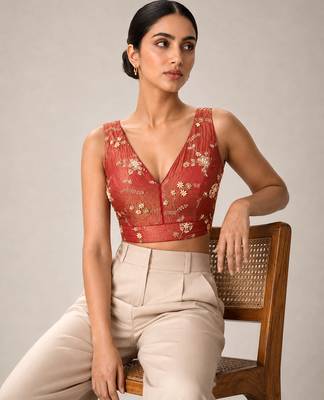 Red embroidered padded v neck designer saree blouse 4