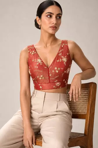 Red embroidered padded v neck designer saree blouse