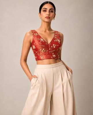 Red embroidered padded v neck designer saree blouse 5