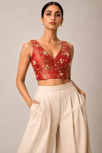 Red embroidered padded v neck designer saree blouse