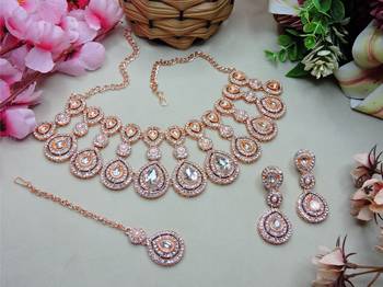 White rose gold premium designer american diamond and stone work necklace set 2