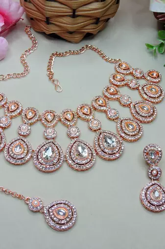 White rose gold premium designer american diamond and stone work necklace set