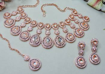 White rose gold premium designer american diamond and stone work necklace set 3