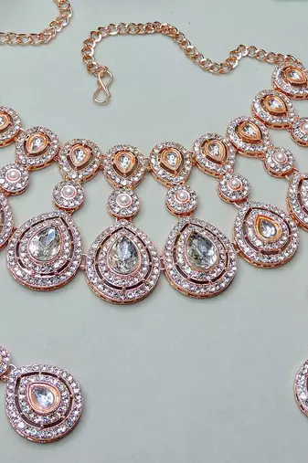 White rose gold premium designer american diamond and stone work necklace set