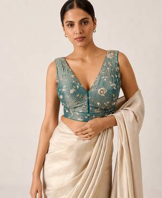 Teal embroidered padded v neck designer saree blouse 1