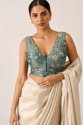 Teal embroidered padded v neck designer saree blouse
