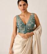 Teal embroidered padded v neck designer saree blouse