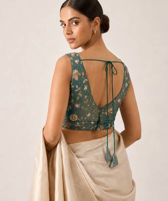 Teal embroidered padded v neck designer saree blouse 2