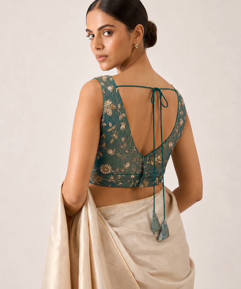 Teal embroidered padded v neck designer saree blouse