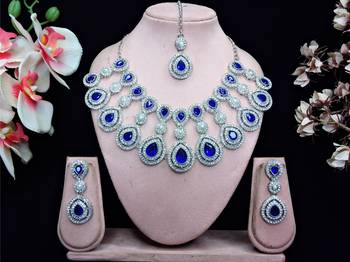 Blue rhodium premium designer american diamond and stone work necklace set 1