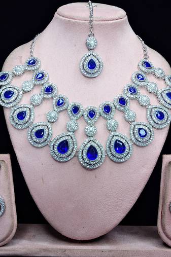 Blue rhodium premium designer american diamond and stone work necklace set