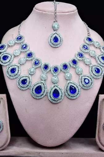 Blue rhodium premium designer american diamond and stone work necklace set