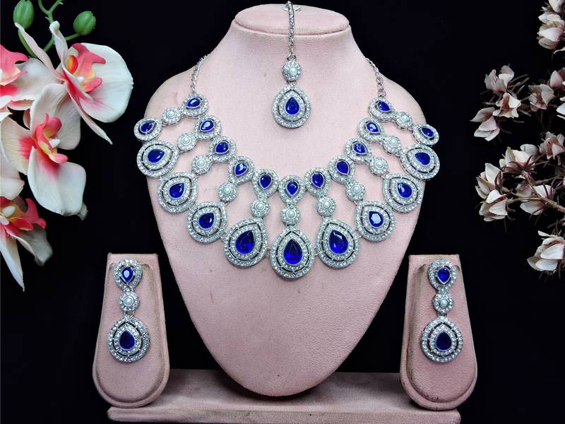 Blue rhodium premium designer american diamond and stone work necklace set