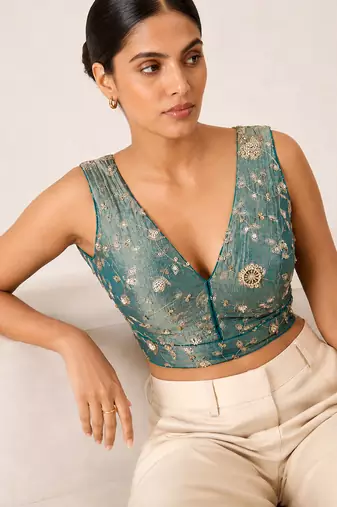 Teal embroidered padded v neck designer saree blouse