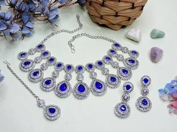 Blue rhodium premium designer american diamond and stone work necklace set 2