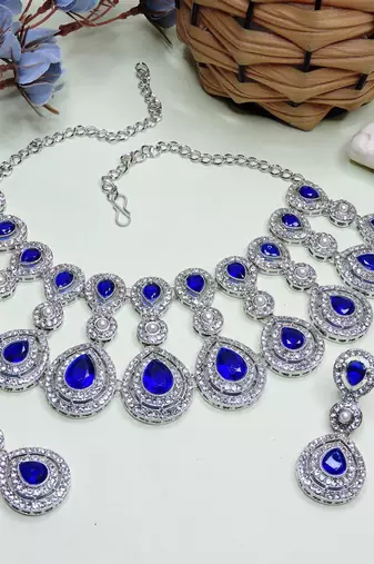 Blue rhodium premium designer american diamond and stone work necklace set