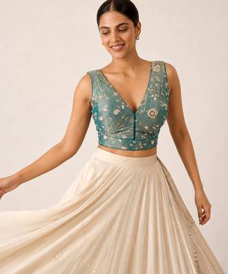 Teal embroidered padded v neck designer saree blouse 4