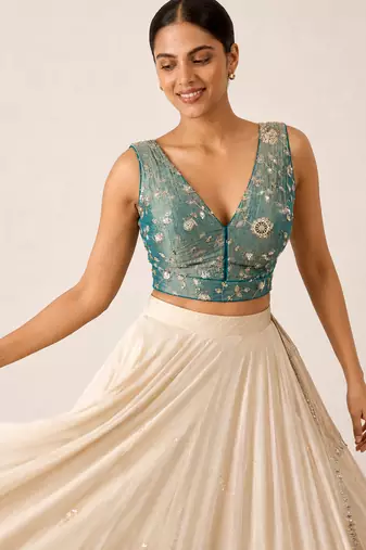 Teal embroidered padded v neck designer saree blouse