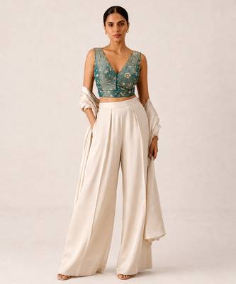 Teal embroidered padded v neck designer saree blouse 5