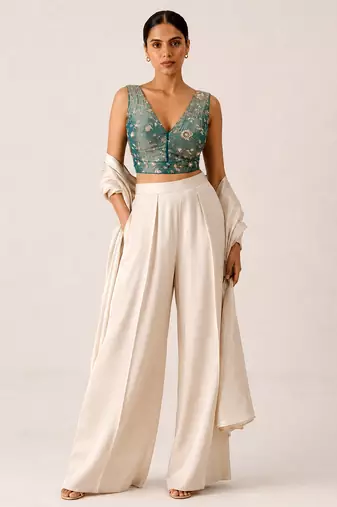Teal embroidered padded v neck designer saree blouse
