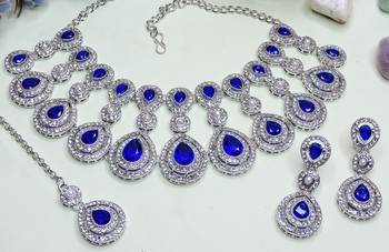 Blue rhodium premium designer american diamond and stone work necklace set 3