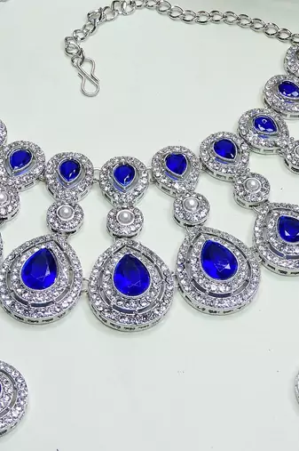 Blue rhodium premium designer american diamond and stone work necklace set