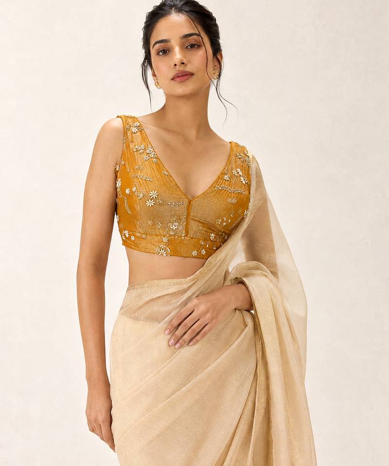 Yellow embroidered padded v neck designer saree blouse