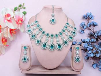 teal Green rhodium premium designer american diamond and stone work necklace set 1