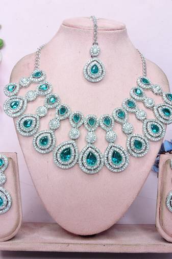 teal Green rhodium premium designer american diamond and stone work necklace set
