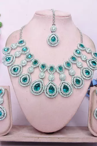 teal Green rhodium premium designer american diamond and stone work necklace set