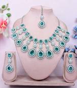teal Green rhodium premium designer american diamond and stone work necklace set