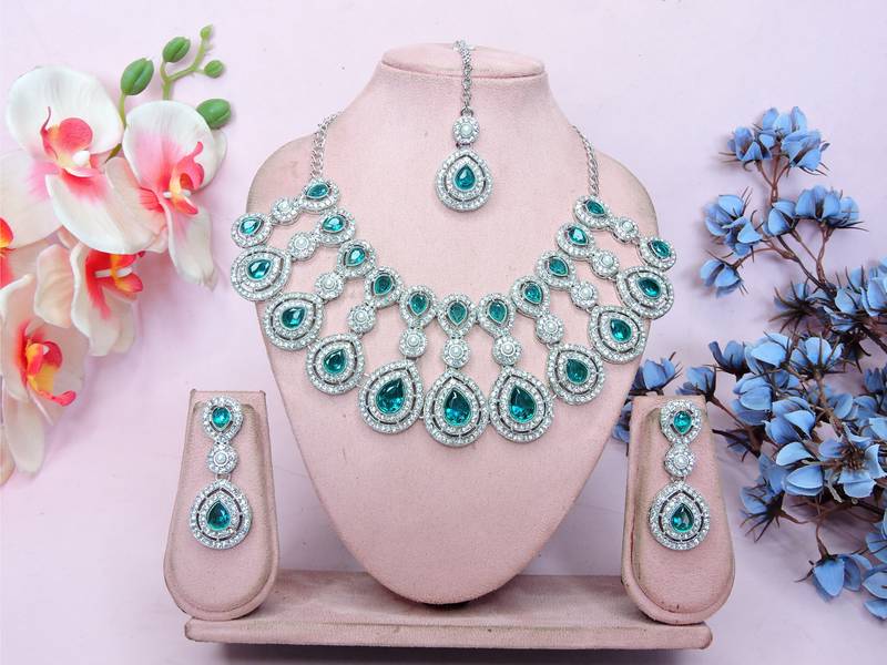 teal Green rhodium premium designer american diamond and stone work necklace set
