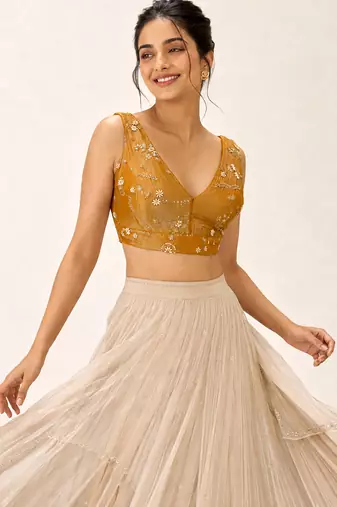 Yellow embroidered padded v neck designer saree blouse