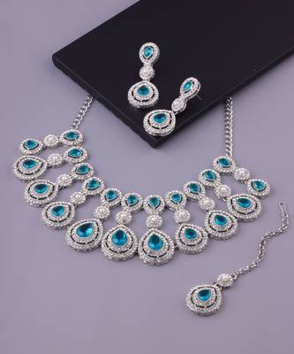 teal Green rhodium premium designer american diamond and stone work necklace set 2