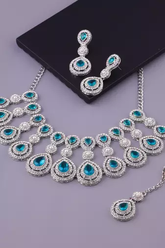 teal Green rhodium premium designer american diamond and stone work necklace set