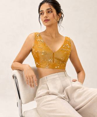 Yellow embroidered padded v neck designer saree blouse 5