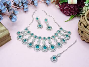 teal Green rhodium premium designer american diamond and stone work necklace set 3