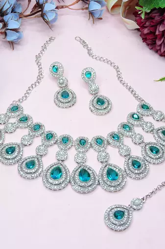 teal Green rhodium premium designer american diamond and stone work necklace set