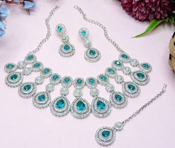 teal Green rhodium premium designer american diamond and stone work necklace set 4
